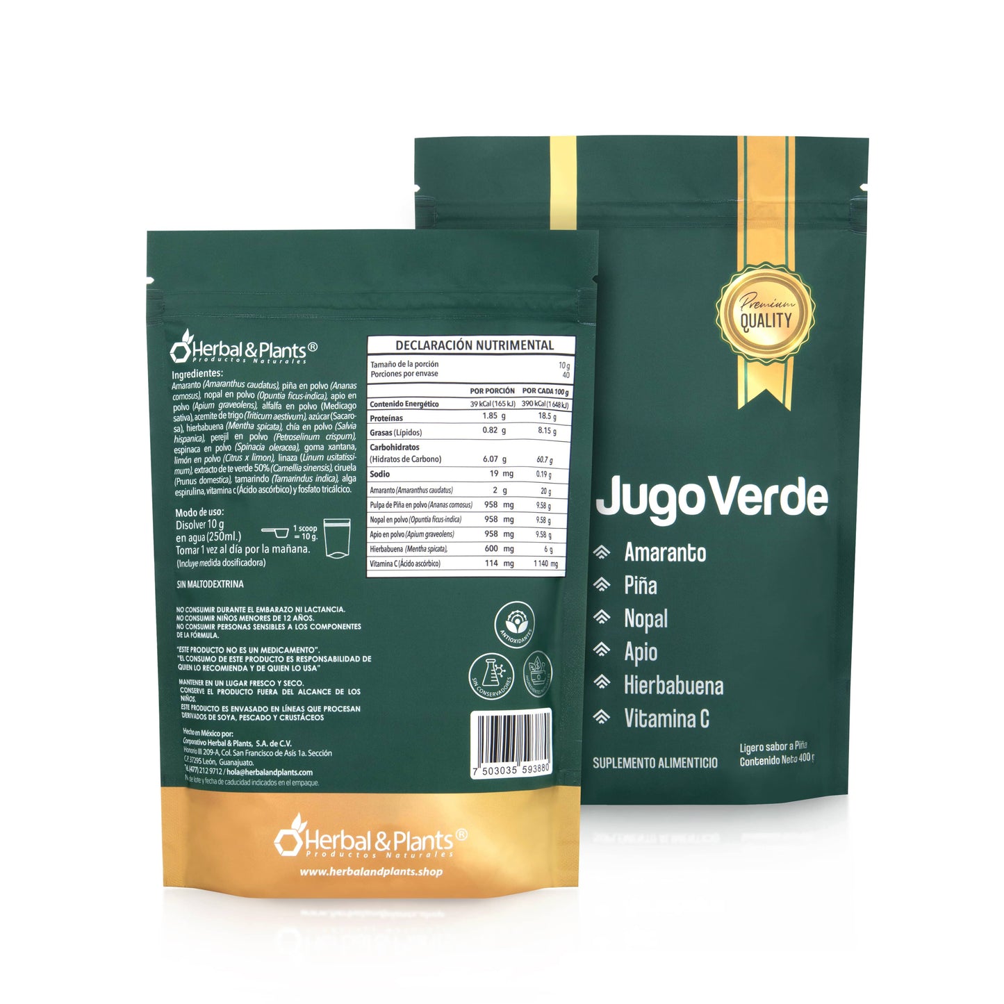 Jugo Verde Suplemento Alimenticio En Polvo Antioxidantes Vitamina C Fibras naturales Con Nopal Amaranto Piña 400 g