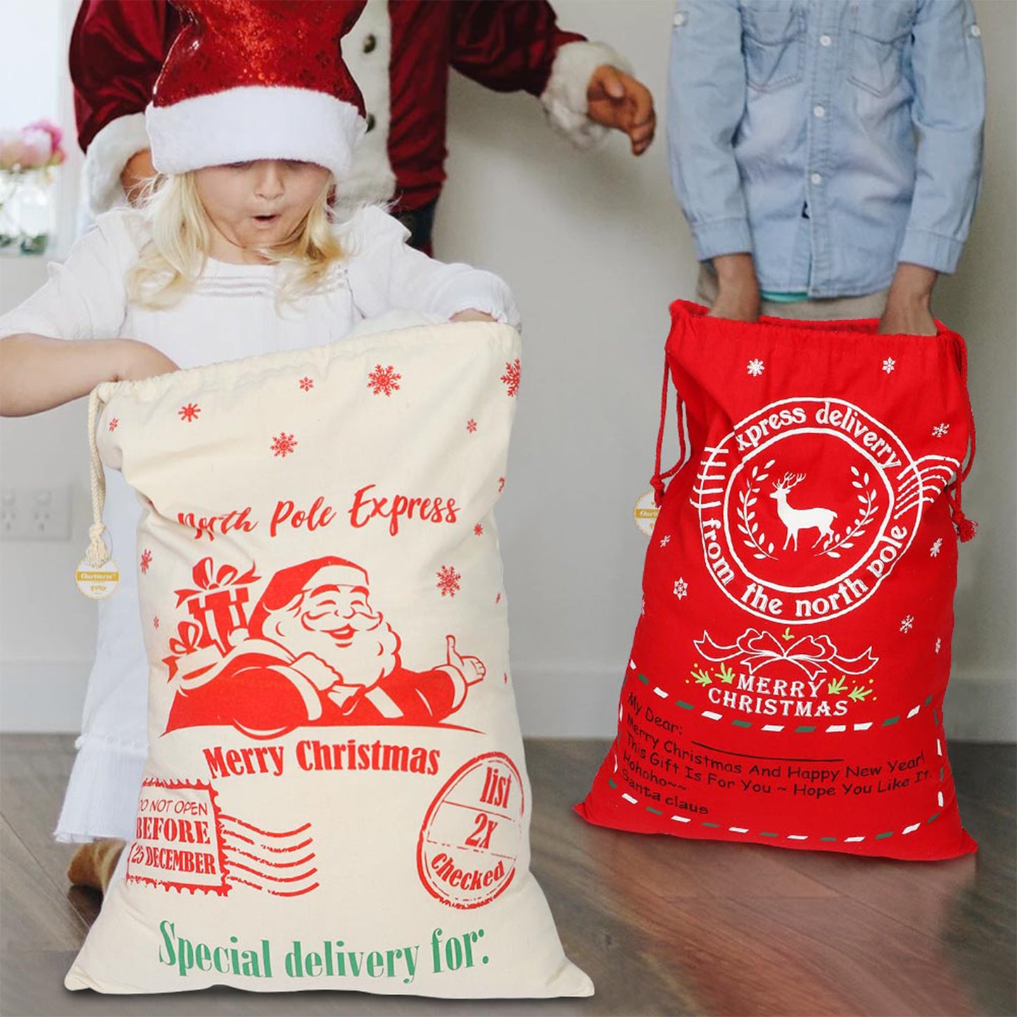 Bolsas de regalo de Navidad con cordón, bolsas de regalo de Navidad reutilizables