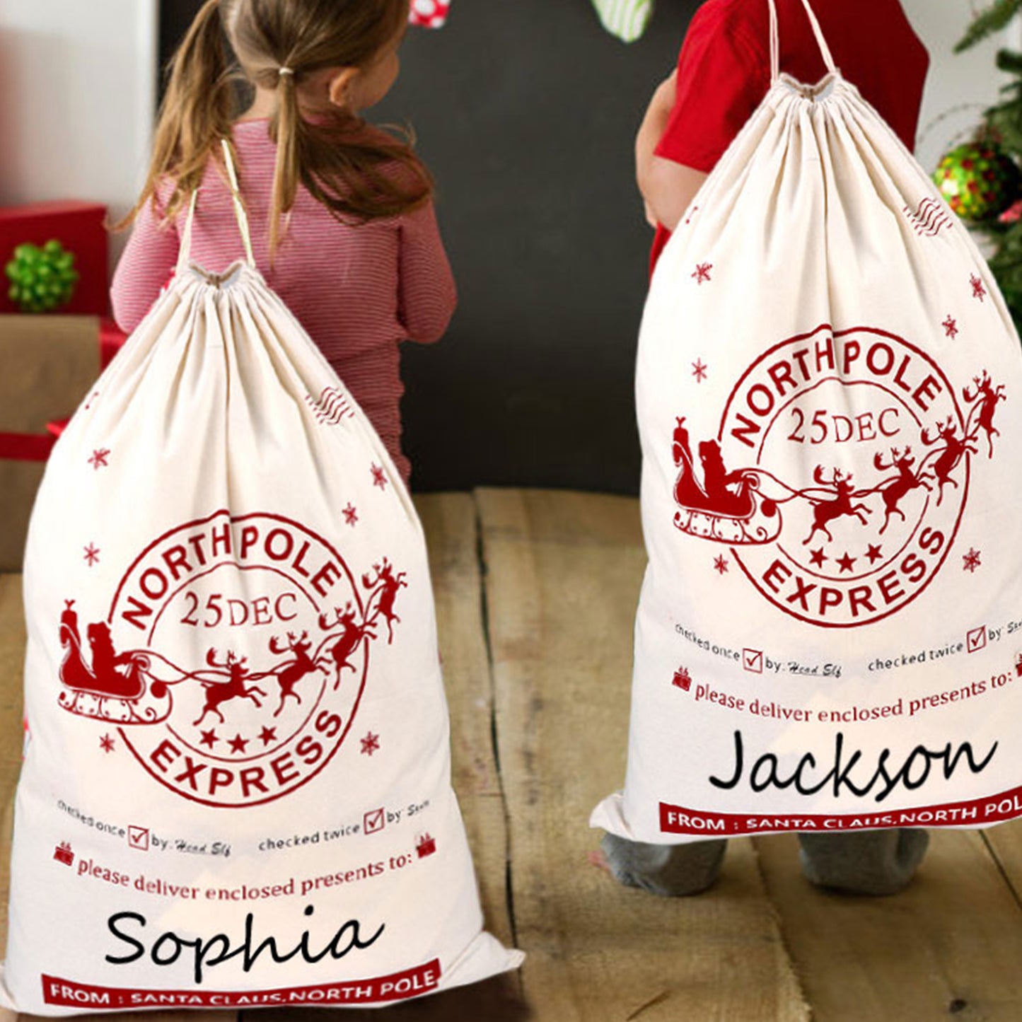 Bolsas de regalo de Navidad con cordón, bolsas de regalo de Navidad reutilizables