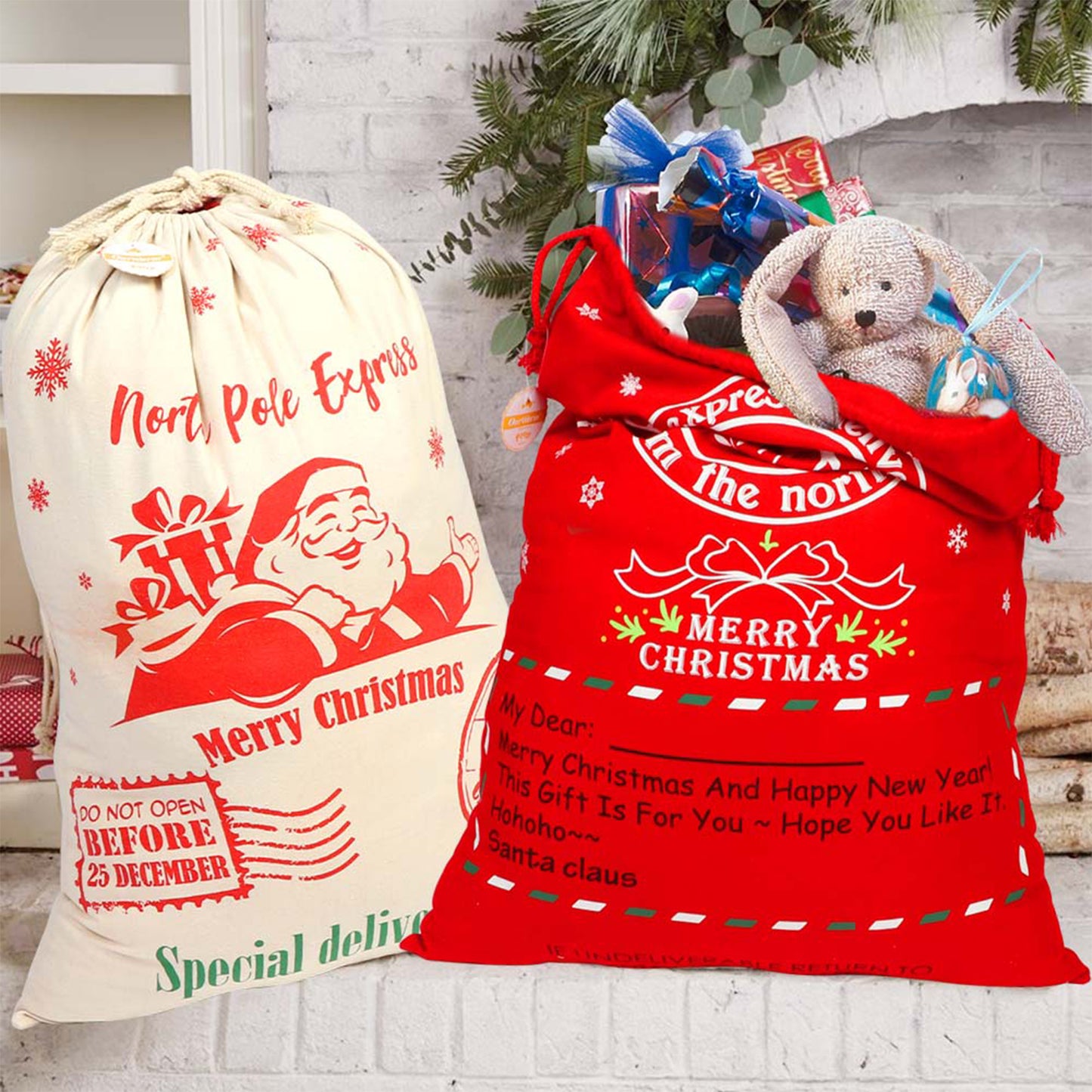 Bolsas de regalo de Navidad con cordón, bolsas de regalo de Navidad reutilizables