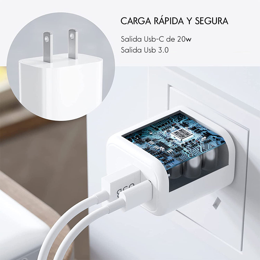 Cargador Rápido De Pared Dual Tipo C (20W) y USB 3.0 (15W)