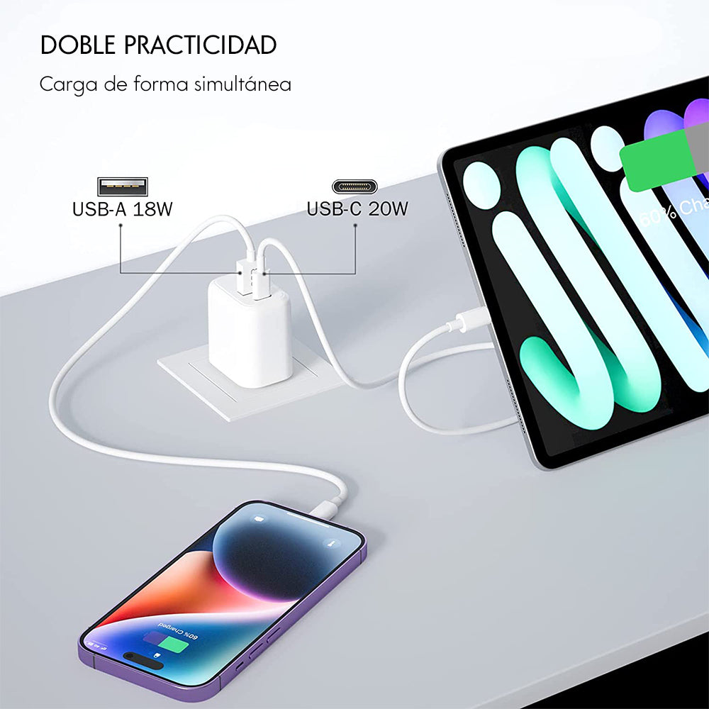 Cargador Rápido De Pared Dual Tipo C (20W) y USB 3.0 (15W)