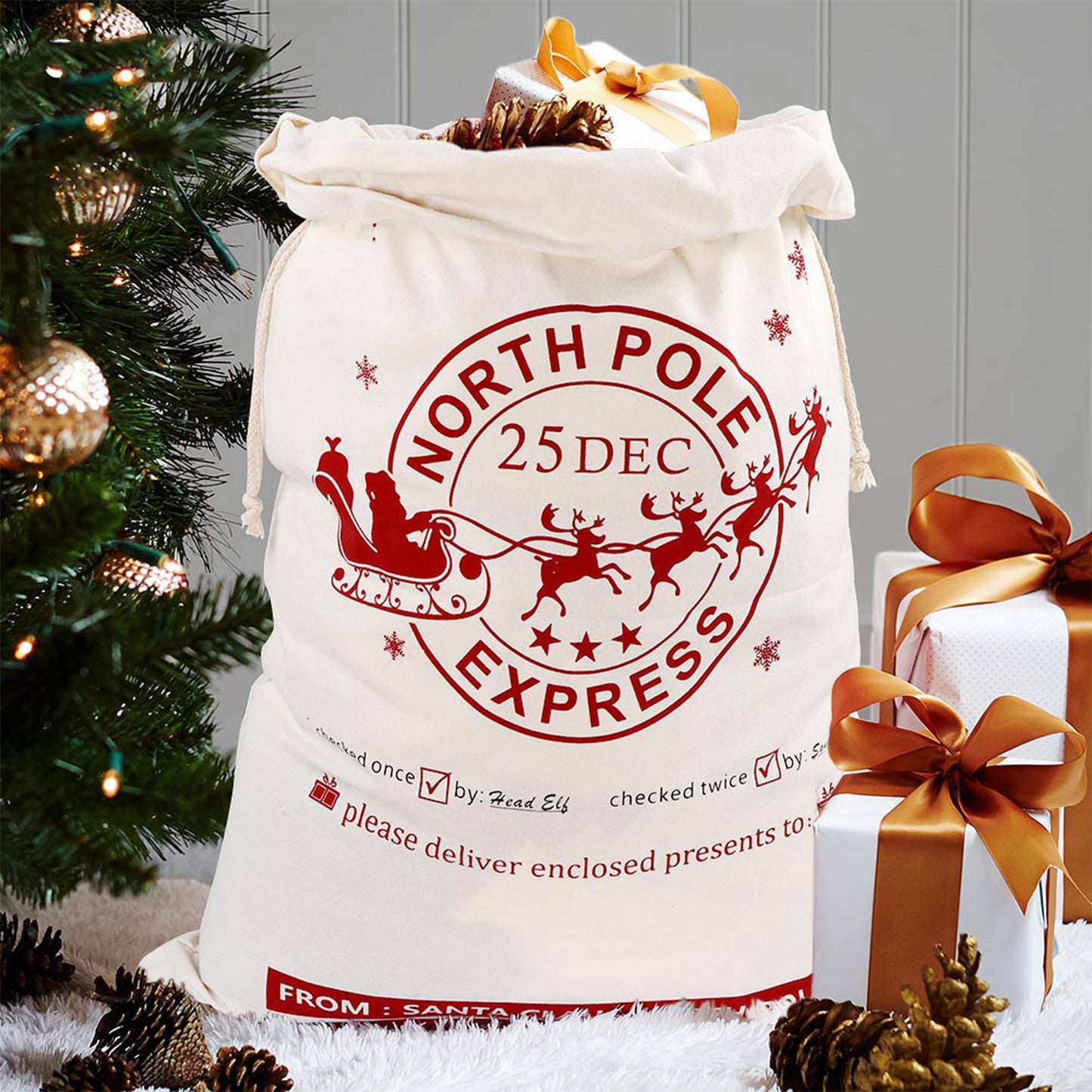 Bolsas de regalo de Navidad con cordón, bolsas de regalo de Navidad reutilizables