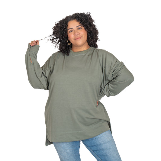LOVE MY FIT Cardigan Color Verde Olivo Cuello Redondo, Manga Caída Con Puño