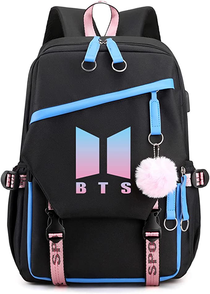 Kpop BTS Mochila con cable de audio USB puerto de carga coreano casual mochila portátil bolsa universidad para niñas y niños regalos